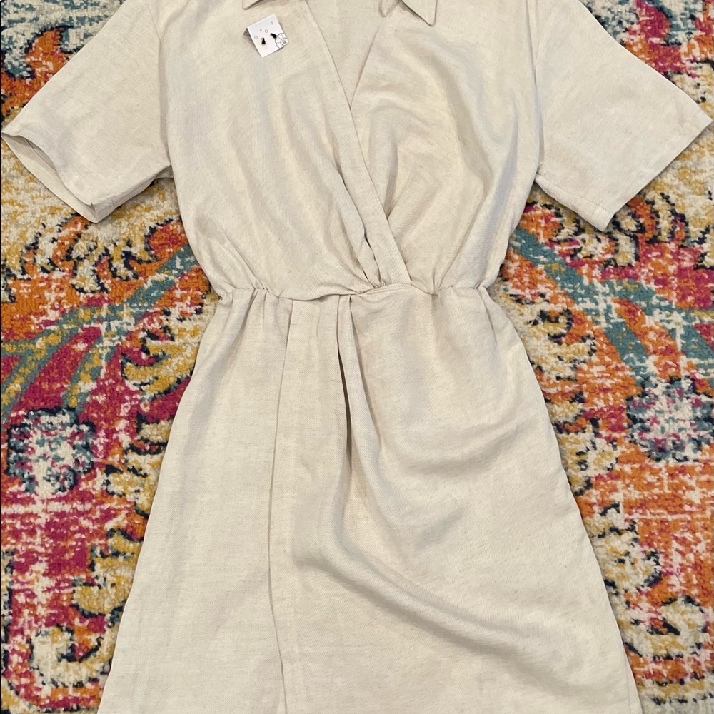 & Other Stories, Paris Atelier, Tan Linen Dress. Bonus Anthropology earrings!!